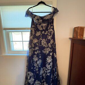 Blue lace ball gown - A-line, off-shoulder